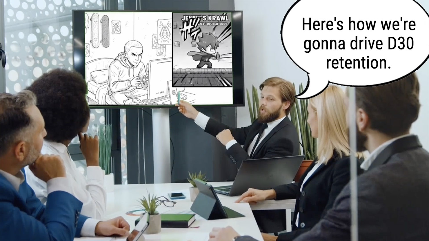 A team presenting a visual journey designed to drive long-term retention