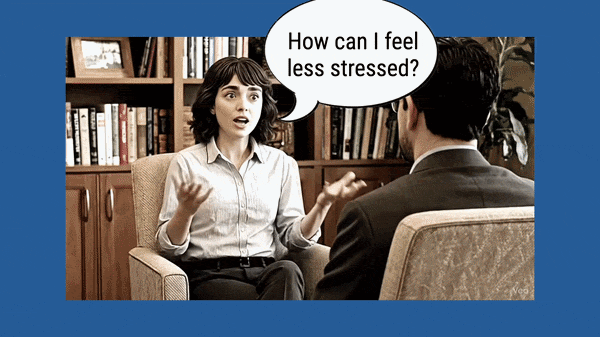 An animated customer journey showing Lydia seeking a way to feel less stressed