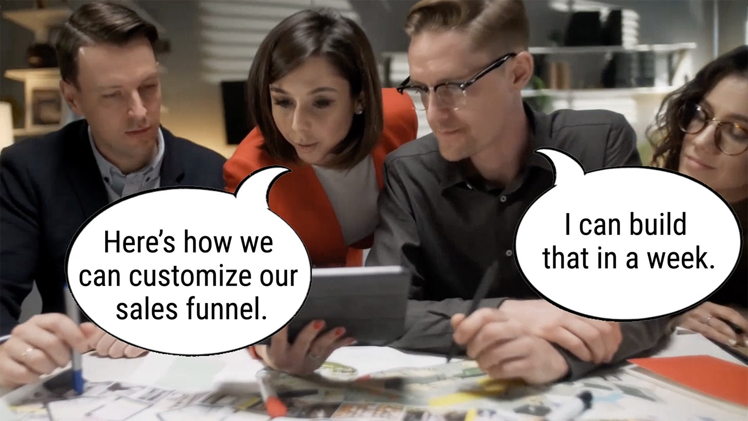 A product team aligning on how to customize a sales funnel